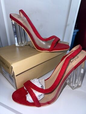 Red Suede Slingback Heels with Clear Block Heel